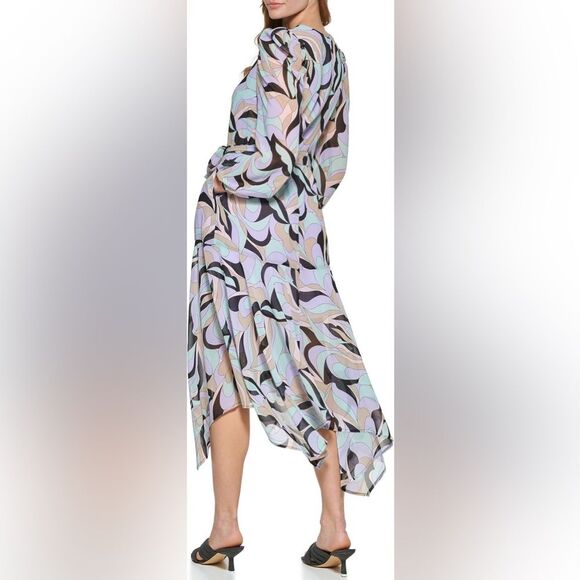 NWT Calvin Klein Women's Faux Wrap Puff Sleeve Midi Dress in Black Opal Print - Picture 3 of 9